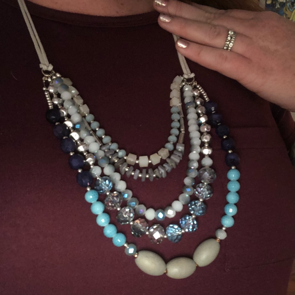 Layered grey and blue necklace with leather string
